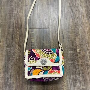 Vera Bradley Quilted Crossbody Bag Colorful Floral Print Cream Leather Trim